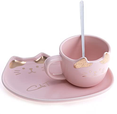 lachineuse - Tazza gatto - Design Kawaii - Supporto gatto e cucchiaio - Rosa e oro - Portafortuna del Giappone - Cultura Nipponne - Decorazione giapponese - Idea regalo Giappone Asia