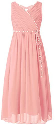 TiaoBug Enfant Fille Robe Carnaval Princesse à Perles Mousseline Longue Plissé Robe Soirée Mariage Demoiselle d'honneur Robe Première Communion Anniversaire Fête 3-14 Ans Rose 13-14 Ans