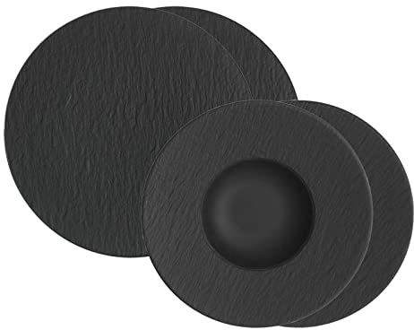 Villeroy & Boch Set per pizza & Pasta Manufacture Rock, piatti gourmet e piatti per pasta per 2 persone, stoviglie effetto ardesia, porcellana di alta qualità, lavabile in lavastoviglie e microonde,