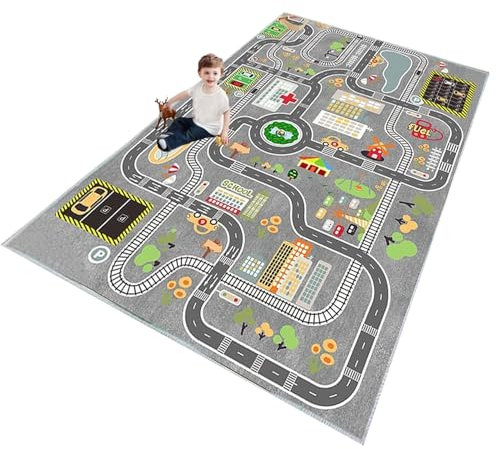 ZFHNYJWKL Kinder spielteppich Auto Jungen & Mädchen Teppich Straßenteppich Bauteppich Stadtstadt Lernbereich Teppich Pädagogischer Antirutsch für Kinderzimmer Grau Blau Grün(A,100X160CM)