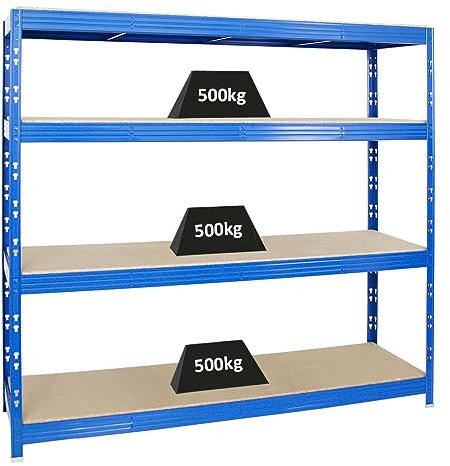 PROREGAL Étagère Charge Lourde Rhino | HxLxP 180x200x60cm | 4 Niveaux en aggloméré 16mm | 500kg par Niveau | Bleu | Étagère de Garage étagère de Rangement Stockage rayonnage