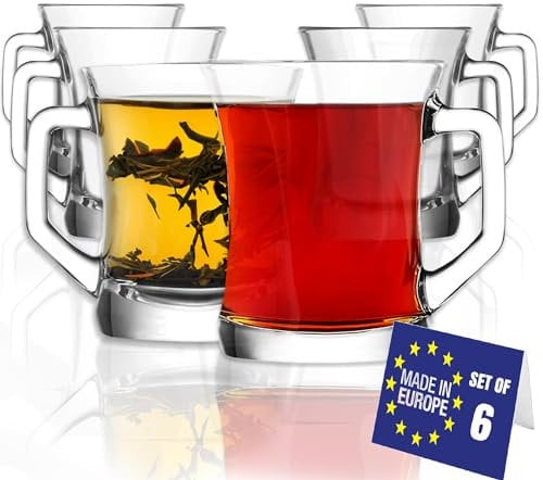 LAV Premium Glass Coffee Mugs Set of 6 225ml 100% Lead Free Coffee Glasses with Handles, Tea Glass Cups Clear, Drinking Mugs, Mulled Wine Glasses with Handles