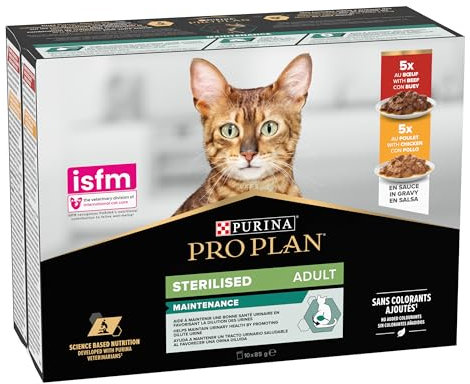 Purina Pro Plan Nassfutter für Katzen, sterilisiert, reich an Huhn und Ochse, 4 Packungen mit 10 Beuteln à 85 g