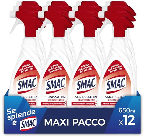 Smac - Sgrassatore Disinfettante, Detergente Spray Multisuperficie con Azione Sgrassante e Antibatterica, 650 ml x 12 Pezzi