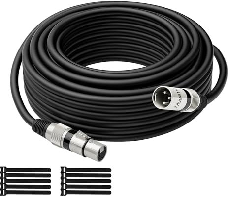 Mygatti Cable XLR para micrófono 20 metros,color negro,macho a hembra,apantallado de 3 pines,cable de conexión DMX,con supresión EMI y RFI,compatible con amplificadores, altavoces+10 bridas