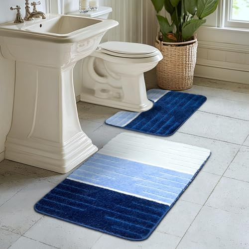 AKCILA COMO Bad Teppich Blau 50x80 + 40x50 cm|2-teiliges Set Badezimmerteppich|absorbierende Badematte bunt |Bad Vorleger waschbar|Rechteckig Badewanne Rutschfest|Badematten & Badteppiche|Bathroom Rug