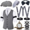 JONRRYIN 20er Jahre Herren Accessoires, 1920er Mafia Kostüm Set, Zubehör Mit Westen & Verschiedenen Accessoires Für Halloween, Karneval (Grau, XL)