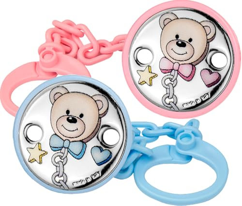 Pinza de Chupete con Aplique Bilaminado en Plata de Ley 925‰ Infantil en diseño de Osito. (E3105)