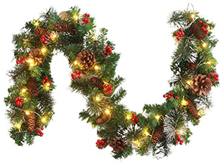 Christmas Garland Decorations with 50 Led Fairy Lights Battery Operated Prelit Xmas Garlands with Pine Cones Artificial Wreath Christmas Holiday Garlands for Stairs Fireplaces