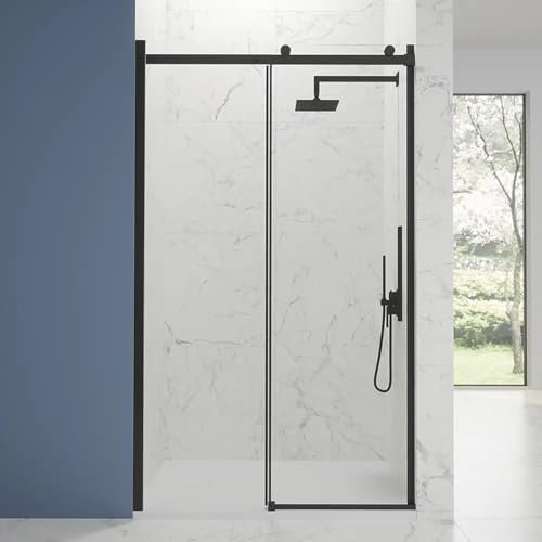 Box Doccia Porta Nicchia 130cm Apertura Scorrevole Vetro Temperato Trasparente 8mm Anticalcare Installazione Reversibile Profili In Alluminio Nero Opaco Altezza 195cm Mod. Creta
