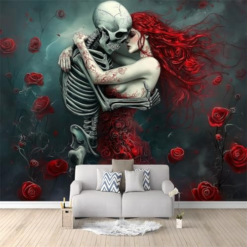 Tapete Vliestapete 300 x 210 cm Gothic Fantasy Wandbild mit Totenkopf und Frau, Rote Rosen Design, Romantisches Tattoo Motiv für Schlafzimmer Wohnzimmer, Wasserdicht, Fototapete Wanddekoration