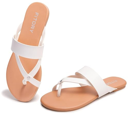 FITORY Womens Flat Sandals Casual Fashion Slides Flip Flops, White Size 6