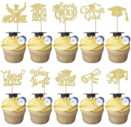 30 Stück 2025 Abschluss Tortendeko So Proud of You Cupcake Toppers Class of 2025 Kuchen Deko Abschluss Kappe Diplom Cupcake Dekorationen für 2025 Graduierung Thema Party Kuchen Dekorationen Gold