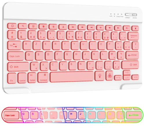 AMZBOSS 130g Portable AZERTY Clavier sans Fil iOS,Android et Windows | connexion Bluetooth stable clavier sans fil, 20 jours d'autonomie,clavier Bluetoothpour bureau et études,Blanc Rose