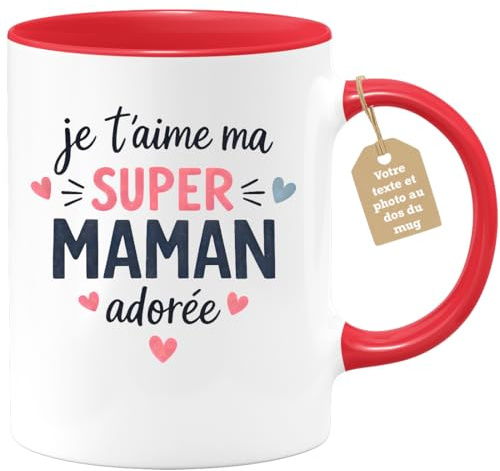 quotedazur Café-Croissant - Mug Personnalisé Maman Texte Photo - Tasse Fête Des Mères Je T'aime Ma Super Maman Adorée - Cadeau Drôle Mamounette - Rouge/céramique