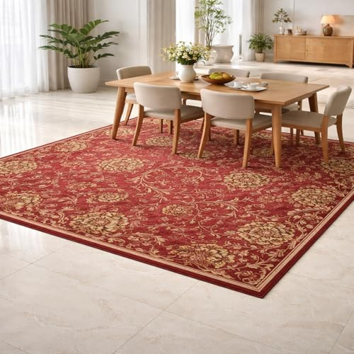 Generisch Teppich Quadratisch,Orientalisches Blumenmuster, Rot, Gelb, 180 x 180 cm, Kurzflor Wohnzimmerteppich, Anti-Rutsch Unterseite, Waschbarer Schlafzimmerteppich,