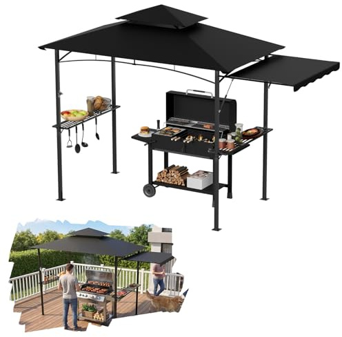 Suusolny Tonnelle pour barbecue noire avec double toit et store latéral escamotable, 245x141 cm - Tonnelle pour barbecue avec cadre en métal et étagères pratiques, abris de jardin résistants aux