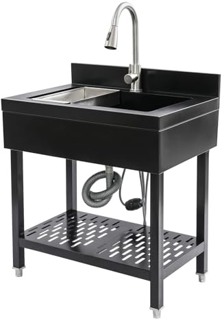 Lavando in acciaio inossidabile a libera installazione, lavello singolo, lavello da cucina rettangolare con piedistallo, lavello mobile per cucina, garage, esterno (70 * 50 * 90cm)