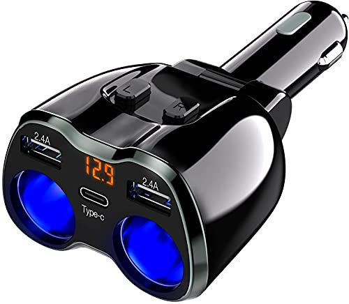 Chargeur de Voiture USB C, 2 Prises Allume-Cigare, 12/24 V 80 W, Double Ports USB de Type C, Interrupteur séparé, Affichage de la Tension LED, fusible 10 A remplaçable intégré, Compatible téléphone