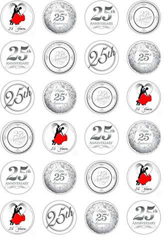 24 x 25th anniversary silver Celebration Edible Paper Cupcake Toppers Cake Decorations Anniversary Wedding
