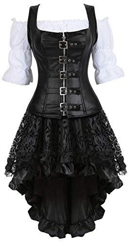 Jutrisujo Korsett Damen Kleid Steampunk Corsagenkleid Leder Corsage Kostüm Reißverschluss asymmetrischer Spitzenrock und Bluse für Halloween Schwarz 4XL