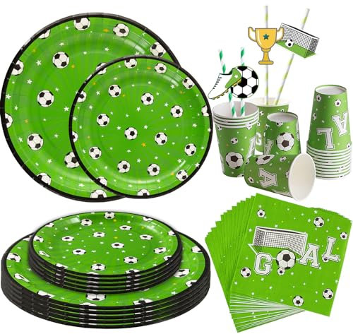 SUNBEAUTY Juego de Fiesta Fútbol, Vajilla de Fiesta, Decoración de Cumpleaños de Fútbol, 16 Platos de Papel, 16 Vasos de Papel, 20 Pajitas, Juego de Cumpleaños para Niño