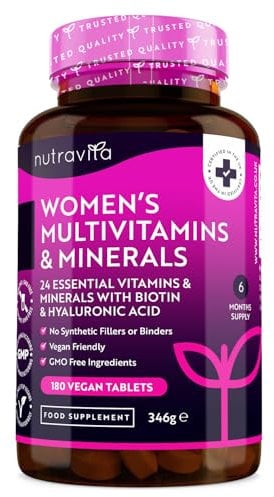 Women's Multivitamins and Minerals - 24 Essential Active Vitamins and Minerals with Added Hyaluronic Acid - 180 Vegan Tablets - No Synthetic Fillers or Binders - Made in The UK by Nutravita