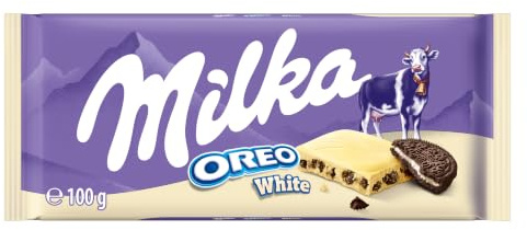 Milka OREO White Tafelschokolade, 100 g | Zartschmelzende weiße Milka Schokolade mit knusprigen Original-Oreo-Keksstückchen