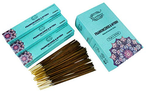 Raajsee Weihrauch & Myrrhe Natürlich Räucherstäbchen 15 g x 12 Packung, 100% Rein Organisch Handgerollt, Frei Von Chemikalien, Perfekt Für Die Kirche, Aromatherapie, Meditation, Positivität