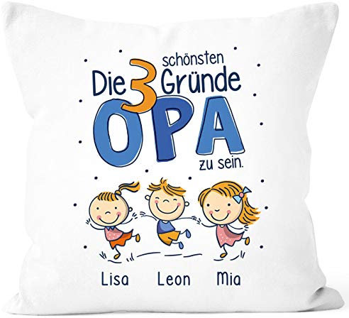 SpecialMe® Kissen-Bezug Die schönsten Gründe Papa zu Sein personalisiert mit Namen 1,2,3,4 Kinder Geschenk Enkel für Opa Opa weiß 40cm x 40cm
