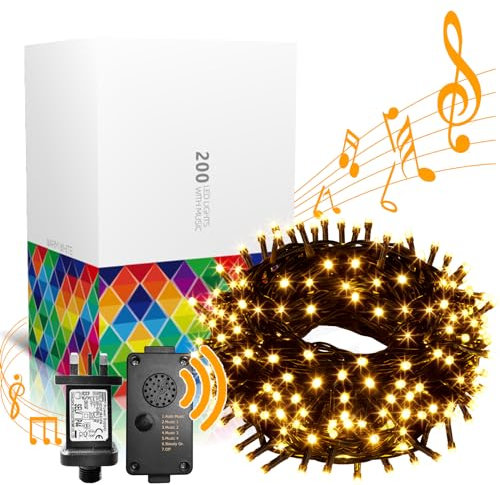 Eambrite Christmas Fairy Lights 20m 200 LED Warm White String Lights Mains Powered with Christmas Music Sync Waterproof Outdoor Lights Decorations for Party Indoor Outdoor Garden - Green Cable