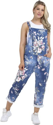 STAR FASHION Women's Ladies Dungarees Jumpsuit Sleeveless Overalls Playsuit Loose Baggy Retro Italian Trouser Long Pants Denim Floral Tie Dye Prints/Large