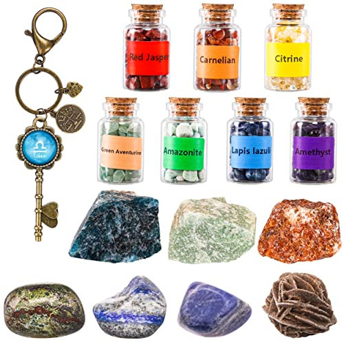 QianCannaor Edelsteine Heilsteine Set, 15 Stück Sternzeichen Kristall Steine mit 7 Chakra Steine Chips, Astrologie Geschenke für Frauen/Männer