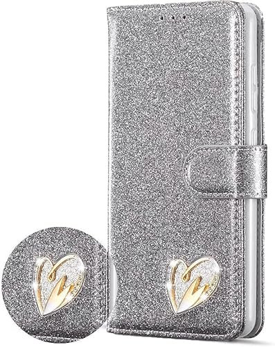 DN-Technology iPhone SE Case (3rd Gen 2022/SE 2020/8/7) Heart Diamond Designer Leather Wallet For Women Phone Cover - SILVER