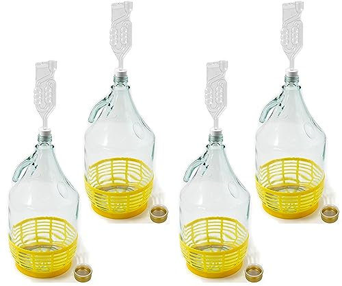 WYSKONT Bouteille bonbonne à col étroit avec bouchon à vis, panier de protection, sas et bouchon pour la fabrication du vin, la fermentation, le stockage des boissons, verre transparent, 4 x 5 L