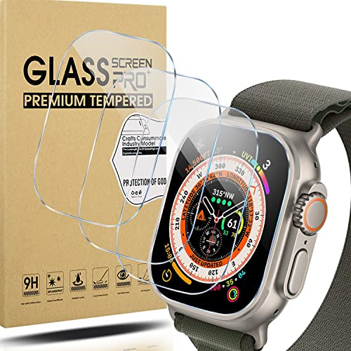 Diruite 4 Pièces Verre Trempé pour Apple Watch Ultra 3/Ultra 2/Ultra 49mm Protection Écran,Protection D'écran Verre HD pour iWatch 49mm Smartwatch Protection Film[Sans Bulles][Anti-Huile]
