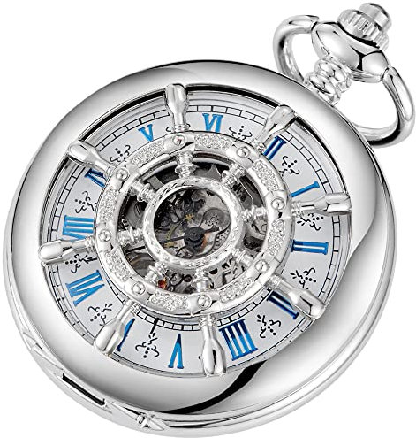 Tiong Mechanische Taschenuhr mit Kette Hohl gravierte Boot Ruder Römische Zahlen Männer Taschenuhr Weihnachten Geschenke Geburtstag