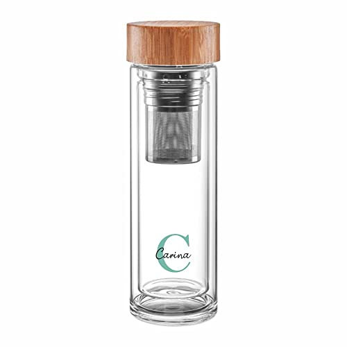 4you DESIGN Thermos-Glasflasche mit Namen bedruckt Design Heart | Doppelwandiges Glas | Geniales Geschenk mit herausnehmbares zweiteiliges Edelstahl Teesieb |Türkis 450ml Höhe 24cm