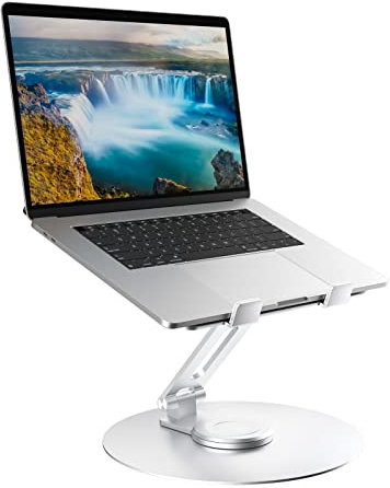 Swivel Laptop Stand for Desk, Adjustable Height Aluminum Computer Stand with 360 Rotating Base, Foldable Ergonomic Riser, Portable Laptop Holder Compatible with MacBook, All Laptops 10-17'',Chrome