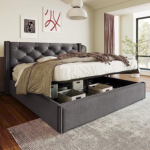Merax Polsterbett 140 x 200cm, Hydraulisches Funktionsbett mit Stauraum, Doppelbett mit Lattenrost & Bettkasten & Kopfteil, Metallrahmen, Baumwolle, für Erwachsene & Jugendliche, ohne Matratze, Grau