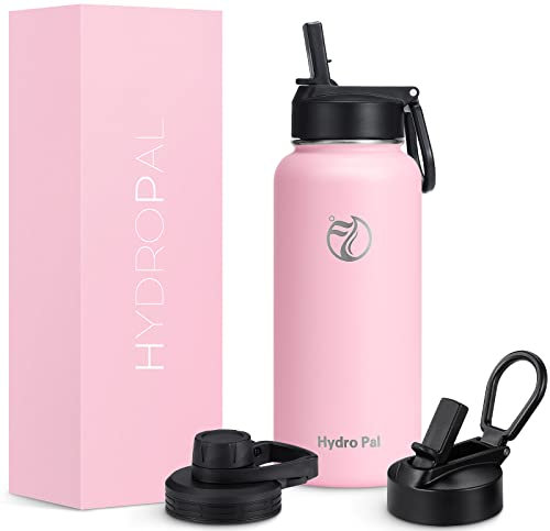 HydroPal Edelstahl Trinkflasche - 750ml, 1L, 1,2L, BPA-Frei, Kohlensäure geeignet, Isolierte flasche mit Strohhalm & 2 Deckel, Auslaufsichere Isolierflasche für Sport (Rosa, 1000 ml)