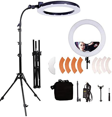 GSKAIWEN LED-Ringlampe, 65 W, 18 Zoll, Make-up, mit Spiegel für Augenbrauen, Licht für Tattoo, Schönheit, Wimpernverlängerung, Beleuchtung für Fotografie, Studio, mit Stativ für Telefonhalterung