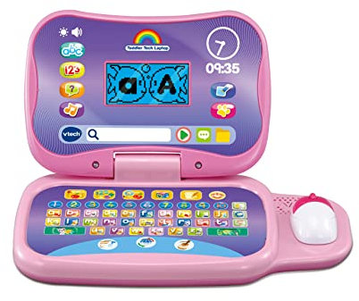 VTech Toddler Tech Laptop, Pink Interactive Educational Computer Toy, 20 Games for Pre-School Children, Learn Alphabet, Letters, Shapes, Numbers, Music & French, Kids Age 2+