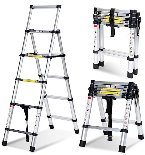 Lospitch Escalera telescópica plegable de 1,4 + 1,7 m, escalera de aluminio antideslizante, escalera multiusos, marco A, 4 + 5 peldaños, escalera de aluminio, capacidad de carga de 150 kg