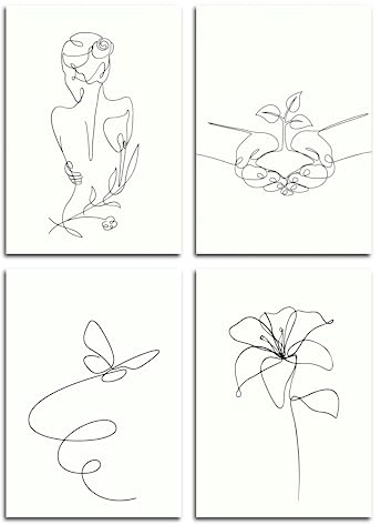 MJ-Graphics | Poster Set One-Line-Art Natur ästhetisch floristisch Boho Wohnzimmer & Schlafzimmer | 4x Din A3 | Wandbilder Wanddeko ohne Bilderrahmen
