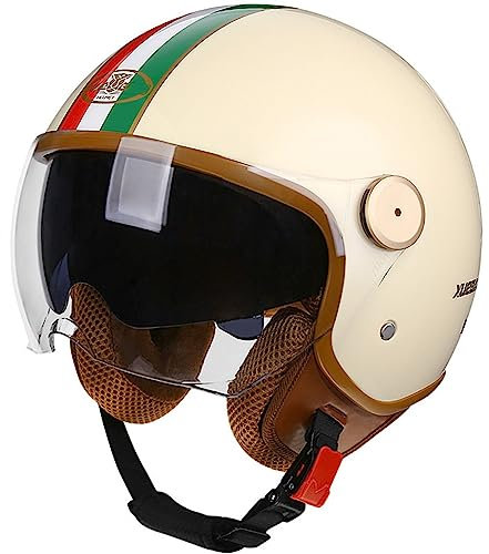 Retro Motorradhelm Rollerhelm Halbschalenhelm Vespa-Helm, Jet-Helm mit Doppelvisier, Roller-Helm für Erwachsene Frauen und Herren im edlen Vintage-Look A,L