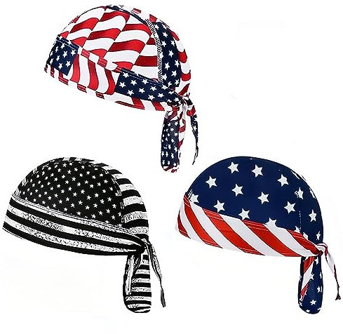 DANLCUPL 3 Pcs DOO Rags Dew Rag Skull Cap Pirate Hat Cooling Head Wrap Bandana Helmet Liner for Men Cycling Motorcycle, American Flag Red Black, S-L
