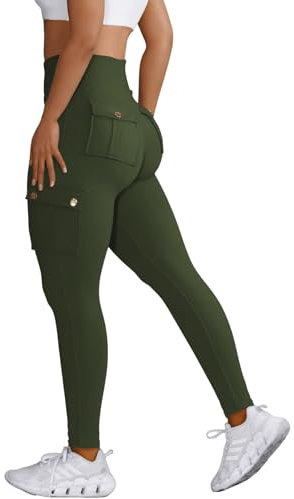 Nuofengkudu Damen Sport Cargo Leggings mit Taschen High Waist Stretch Cargohose Eng Hosen Push up Sportleggins Stretch Jeggings Gym Fitness Outdoor Workout Sporthose Y-Dunkelgrün M