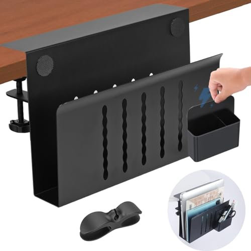 SUMHEN Schreibtisch Seitenlager, Stahl hängende Schreibtisch Veranstalter, 2-IN-1 keine Bohrung Schreibtisch Laptop Halter für Büro und Haus, Metall unter Schreibtisch Veranstalter (Schwarz);