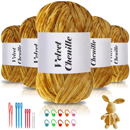 Maxee 500g(5×100g) Samtig Babywolle, Samt Chenille Garn mit Häkelwerkzeuge, Kuschelweich Velvet Chenillegarn Flauschige, Weich Plüschwolle Häkelgarn Wolle zum Stricken & Häkeln